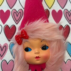 Vintage Doll face pink felt with Red Bow ornament